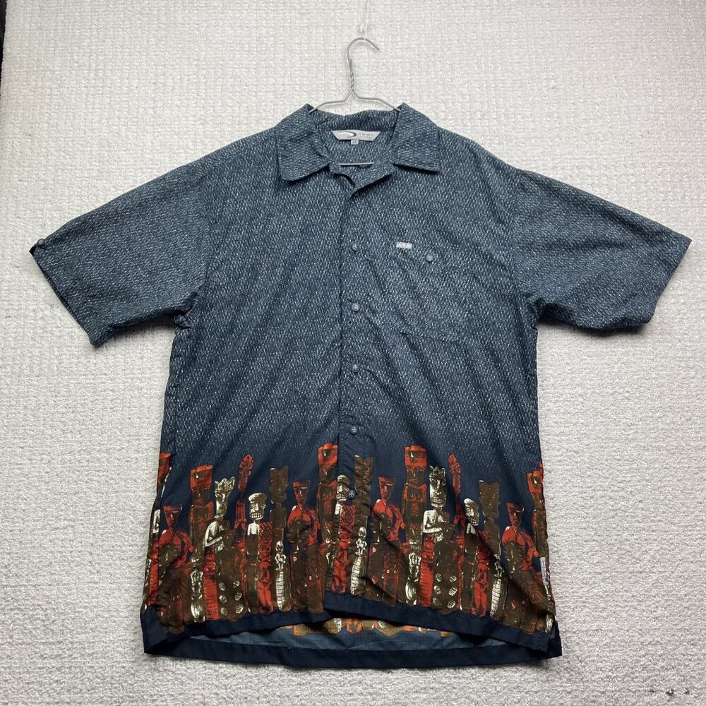VTG Y2K TXT Hawaiian Button Up Shirt Men L Tiki Tribal Statue AOP Blue Retro